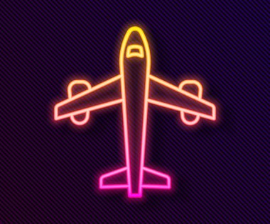 Parlayan neon çizgisi düzlem simgesi siyah arkaplanda izole edildi. Uçan uçak ikonu. Uçak tabelası. Vektör