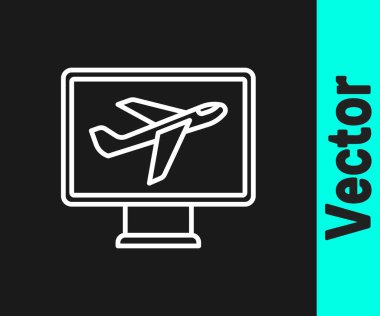 Beyaz çizgi düzlem simgesi siyah arkaplanda izole edildi. Uçan uçak ikonu. Uçak tabelası. Vektör