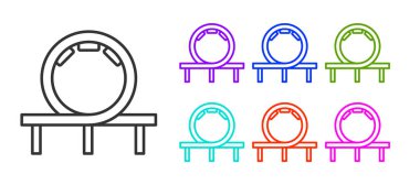 Beyaz arka planda siyah çizgi roller coaster ikonu izole edildi. Eğlence parkı. Çocuklar için eğlence parkı, eğlence parkı. Simgeleri renklendirin. Vektör