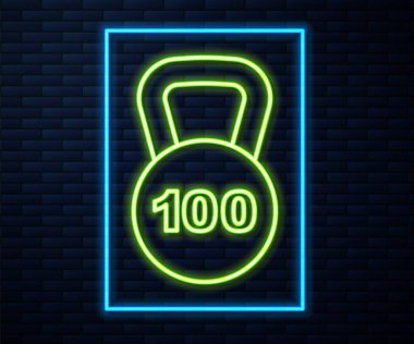 Parlayan neon çizgi ağırlık simgesi tuğla duvar arkasında izole edildi. Kilogram ağırlık kaldırmak ve ölçmek için ağırlık bloğu. Kütle sembolü. Vektör