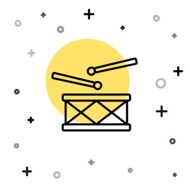 Beyaz zemin üzerinde baget çubuğu simgesi olan siyah çizgili Drum. Müzik işareti. Müzik aleti sembolü. Rastgele dinamik şekiller. Vektör