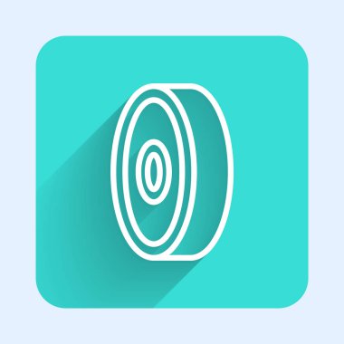 Beyaz çizgi kaykay bilye ikonu uzun gölge arkaplan izole. Yeşil kare düğmesi. Vektör