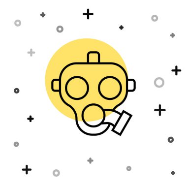 Beyaz arkaplanda siyah çizgi gaz maskesi simgesi izole edildi. Solunum cihazı işareti. Rastgele dinamik şekiller. Vektör