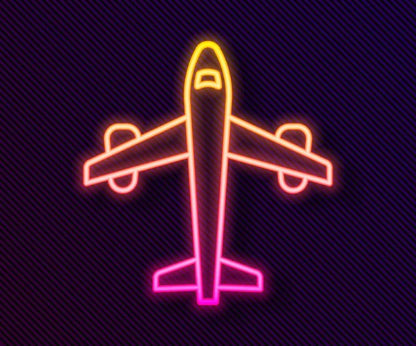 Parlayan neon çizgisi düzlem simgesi siyah arkaplanda izole edildi. Uçan uçak ikonu. Uçak tabelası. Vektör — Stok Vektör