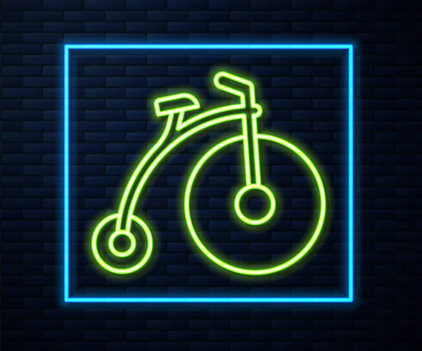 ネオンラインの輝きレンガの壁の背景に孤立した1つの大きなホイールと1つの小さなアイコンとヴィンテージ自転車。自転車公共交通機関の標識。ベクトル — ストックベクタ