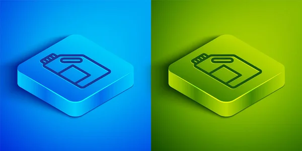 Isometric line Plastic bottle for laundry detergent, bleach, dishwashing liquid or another cleaning agent icon isolated on blue and green background. Square button. Vector — Stock Vector