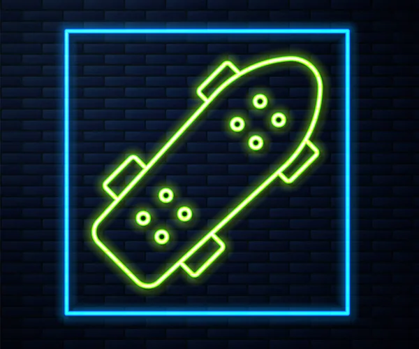Glödande neon linje Skateboard ikon isolerad på tegel vägg bakgrund. Extrem sport. Sportutrustning. Vektor — Stock vektor