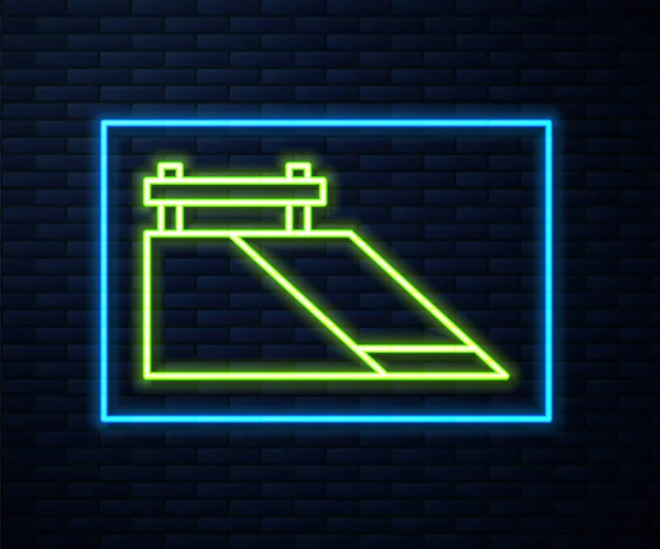Leuchtende Leuchtschrift Skatepark Symbol isoliert auf Backsteinmauer Hintergrund. Set aus Rampe, Rolle, Treppe für einen Skatepark. Extremsport. Vektor — Stockvektor