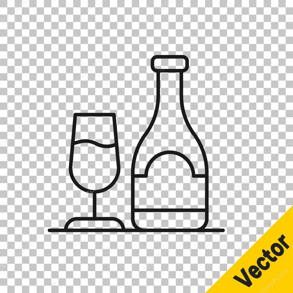 Black line Wine bottle with glass icon isolated on transparent background. Vector