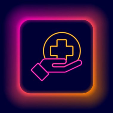 Parlayan neon hattı Cross Hastanesi tıbbi ikonu siyah arka planda izole edildi. İlk yardım. Teşhis sembolü. İlaç ve eczane işareti. Renkli taslak konsepti. Vektör