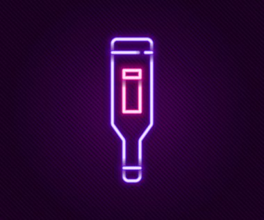 Tıbbi inceleme ikonu için parıldayan neon hattı dijital termometre siyah arka planda izole edildi. Renkli taslak konsepti. Vektör