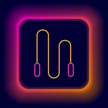 Parlayan neon hattı atlama ipi simgesi siyah arkaplanda izole edildi. İp atlıyorum. Spor malzemeleri. Renkli taslak konsepti. Vektör