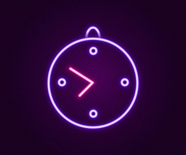 Parlayan neon çizgi saat simgesi siyah arkaplanda izole edildi. Zaman sembolü. Renkli taslak konsepti. Vektör