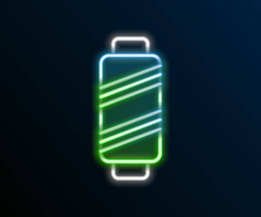 Parlayan neon çizgisi, siyah arkaplanda izole edilmiş makara simgesine iplik dikmek. İplik makarası. İplik kutusu. Renkli taslak konsepti. Vektör