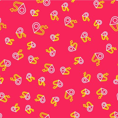 Line Route konum simgesi kırmızı arkaplanda izole edilmiş pürüzsüz desen. Harita işaretçisi işareti. Yol ya da yol kavramı. GPS navigatörü. Vektör