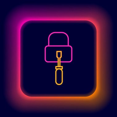 Siyah arkaplanda parlayan neon çizgili maymuncuk veya kilit açma simgesi izole edildi. Renkli taslak konsepti. Vektör