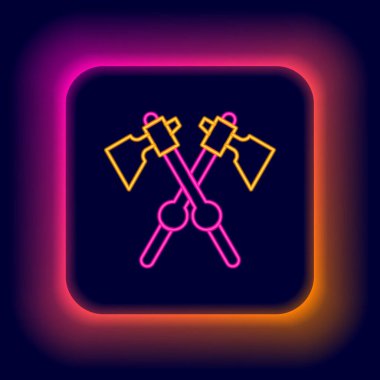 Parlayan neon hattı, siyah arkaplanda izole edilmiş ortaçağ eksen simgesini geçti. Savaş baltası, cellat baltası. Ortaçağ silahı. Renkli taslak konsepti. Vektör