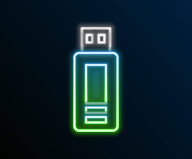 Parlayan neon hattı USB flash disk simgesi siyah arkaplanda izole edildi. Renkli taslak konsepti. Vektör