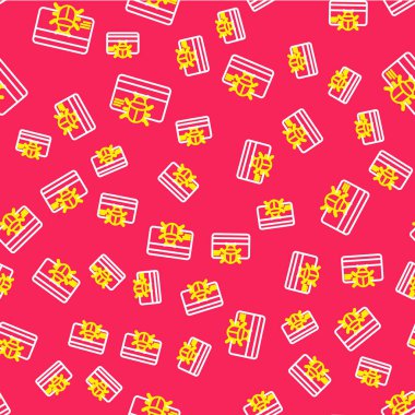 Line System bug in credit card icon isolated seamless pattern on red background. Code bug concept. Bug in the system. Bug searching. Vector