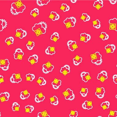 Line Cloud with snow and sun icon isolated seamless pattern on red background. Cloud with snowflakes. Single weather icon. Snowing sign. Vector