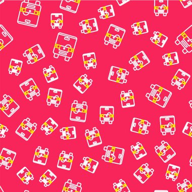 Çizgi Bus simgesi kırmızı arkaplanda izole edilmiş. Ulaşım konsepti. Otobüs turu tabelası. Turizm ya da kamu aracı sembolü. Vektör