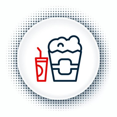 Karton kutuda çizgi patlamış mısır ve beyaz arka planda izole edilmiş saman ve su ikonu içilen kağıt bardak. Soda bardağı. Renkli taslak konsepti. Vektör