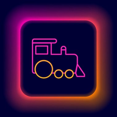 Parlayan neon hattı oyuncak tren simgesi siyah arkaplanda izole edildi. Renkli taslak konsepti. Vektör