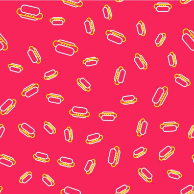 Line Hotdog sandwich icon isolated seamless pattern on red background. Sausage icon. Street fast food menu. Vector