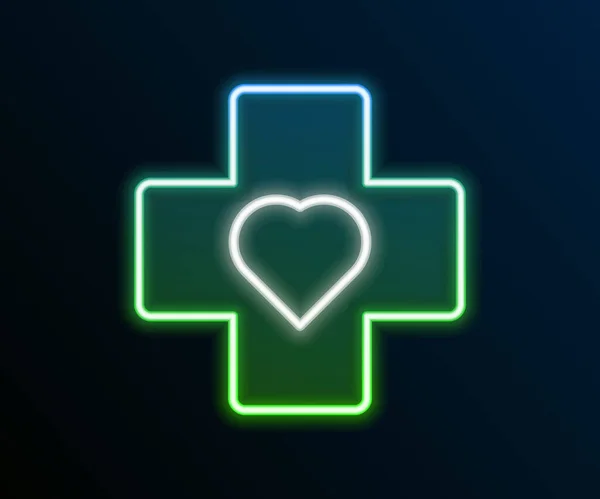 Zářící neonová čára Srdce s křížovou ikonou izolovanou na černém pozadí. První pomoc. Zdravotní, lékařská a farmaceutická značka. Barevný koncept. Vektor — Stockový vektor