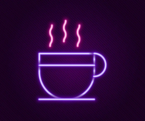 Icono de taza de café de línea de neón brillante aislado sobre fondo negro. Taza de té. Café caliente. Concepto de esquema colorido. Vector — Vector de stock