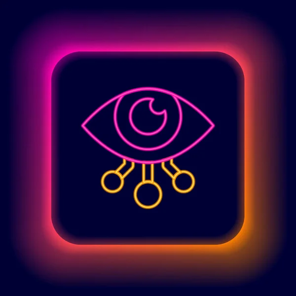 Glowing neon line Eye scan icon isolated on black background. Scanning eye. Security check symbol. Cyber eye sign. Colorful outline concept. Vector — Stock Vector