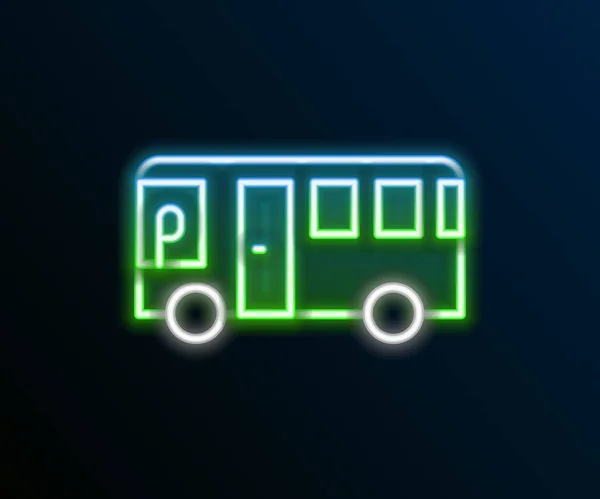 Brillante línea de neón icono de autobús aislado sobre fondo negro. Concepto de transporte. Autobús señal de transporte turístico. Símbolo turístico o de vehículo público. Concepto de esquema colorido. Vector — Archivo Imágenes Vectoriales