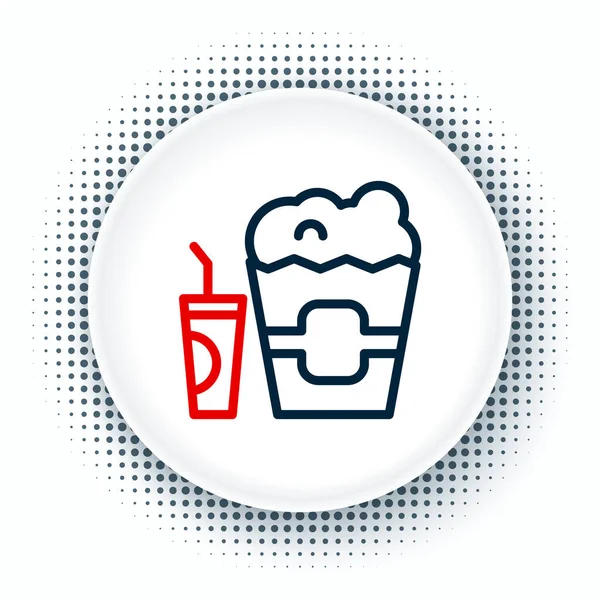 Karton kutuda çizgi patlamış mısır ve beyaz arka planda izole edilmiş saman ve su ikonu içilen kağıt bardak. Soda bardağı. Renkli taslak konsepti. Vektör