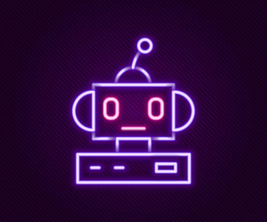 Parlayan neon hattı robot oyuncak ikonu siyah arka planda izole edildi. Renkli taslak konsepti. Vektör