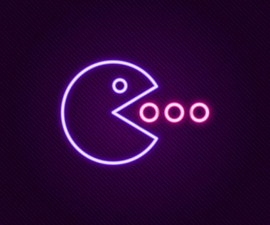 Parlayan neon hattı Pacman 'ın yemek simgesi siyah arka planda izole edildi. Oyun ikonu. Pac Man imzası. Renkli taslak konsepti. Vektör