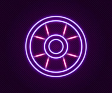 Parlayan neon hattı kumarhane çipi simgesi siyah arkaplanda izole edildi. Kumarhane kumarı. Renkli taslak konsepti. Vektör