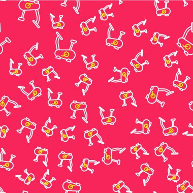 Line Stationary bicycle icon isolated seamless pattern on red background. Exercise bike. Vector