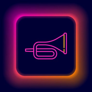 Parlayan neon hattı. Siyah zemin üzerinde izole edilmiş trompet ikonu. Renkli taslak konsepti. Vektör