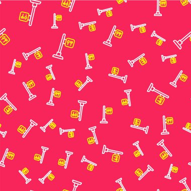 Line Cafe and restaurant location icon isolated seamless pattern on red background. Fork and spoon eatery sign inside pinpoint. Vector.