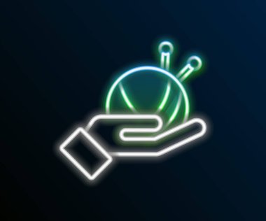 Siyah zemin üzerinde örgü iğneleri ikonu olan parlak neon çizgili iplik topu. El yapımı, örgü ya da terzi için etiket. Renkli taslak konsepti. Vektör