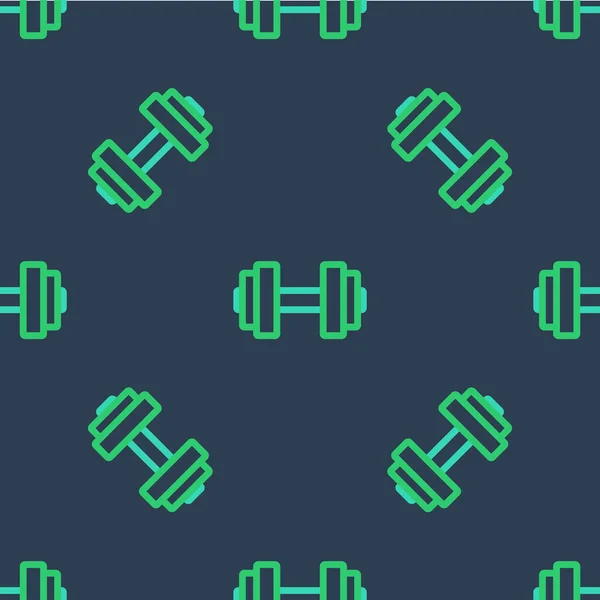 Línea Dumbbell icono aislado patrón sin costura sobre fondo azul. Icono de levantamiento muscular, barra de fitness, gimnasio, equipo deportivo, bumbbell ejercicio. Vector — Vector de stock