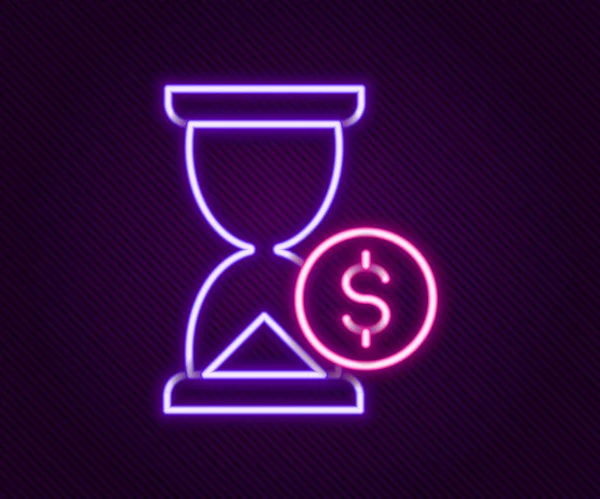 Glowing neon line Hourglass with dollar icon isolated on black background. Money time. Sandglass and money. Growth, income, savings, investment. Colorful outline concept. Vector — Διανυσματικό Αρχείο