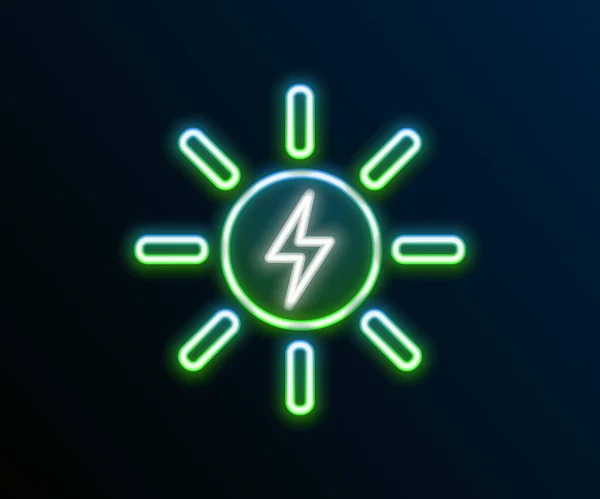 Gloeiende neon lijn Zonne-energie paneel pictogram geïsoleerd op zwarte achtergrond. Zon met bliksem symbool. Kleurrijk concept. Vector — Stockvector