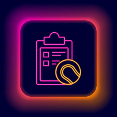 Siyah arkaplanda parlayan neon çizgisi kontrol panosu ve tenis topu simgesi izole edildi. Spor malzemeleri. Renkli taslak konsepti. Vektör