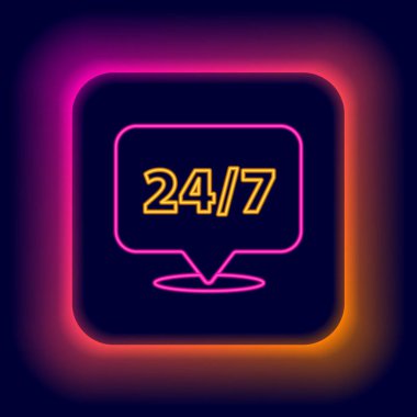 Parlayan neon hattı Saat 24 saat simgesi siyah arkaplanda izole edildi. Tüm gün döngü simgesi. 24 saat hizmet sembolü. Renkli taslak konsepti. Vektör
