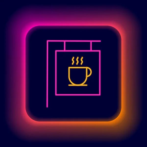 Ragyogó neon line Street tábla kávé ikon elszigetelt fekete háttérrel. Színes vázlat koncepció. Vektor — Stock Vector