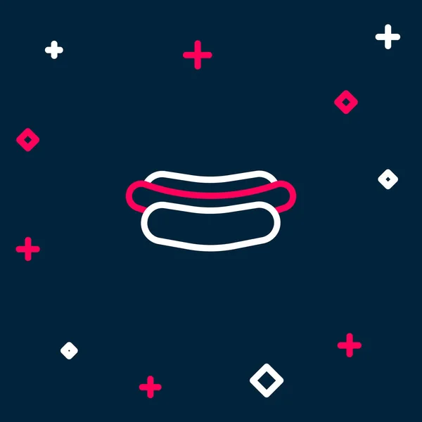 Линия Hotdog сэндвич значок изолирован на синем фоне. Значок колбасы. Знак фаст-фуда. Красочная концепция контура. Вектор — стоковый вектор