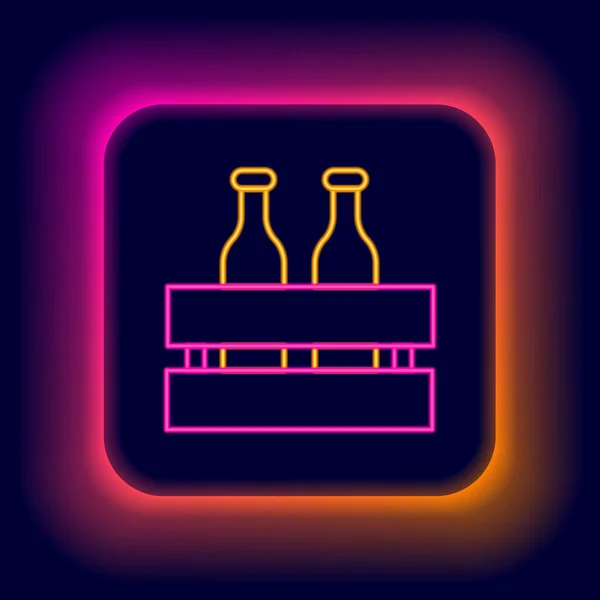 Linea fluorescente al neon Confezione di bottiglie di birra isolata su sfondo nero. Scatola di legno e bottiglie di birra. Caso cassa birra scatola segno. Concetto di contorno colorato. Vettore — Vettoriale Stock