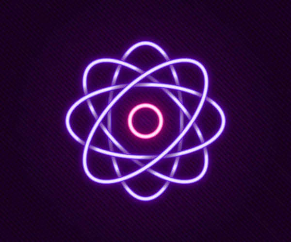 Icono de átomo de línea de neón brillante aislado sobre fondo negro. Símbolo de ciencia, educación, física nuclear, investigación científica. Concepto de esquema colorido. Vector — Vector de stock