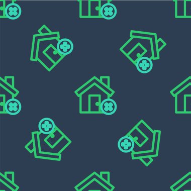 Line House with wrong mark icon isolated seamless pattern on blue background. Home and close, delete, remove symbol. Vector